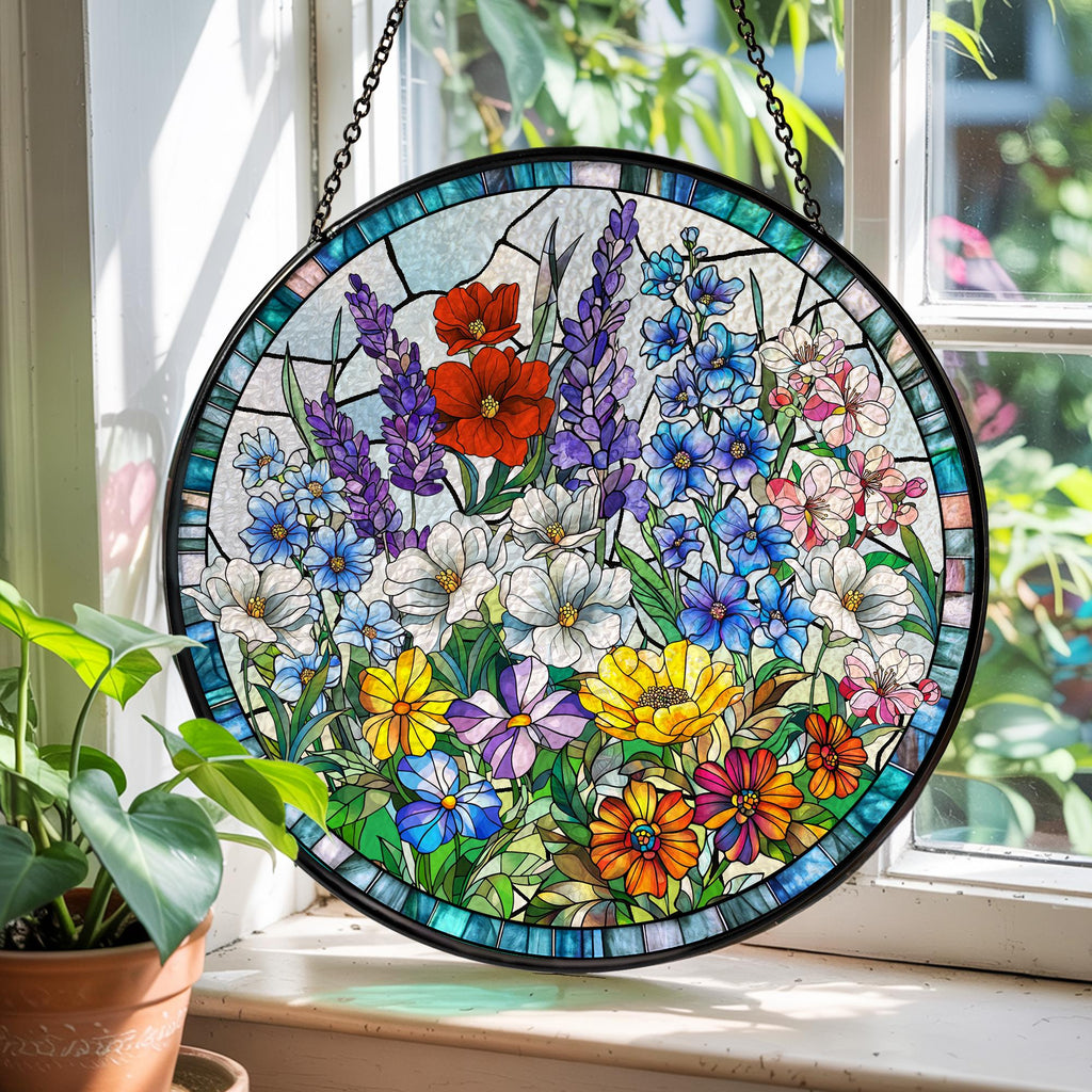 Wildflower Stained Glass Suncatcher_ Window Hanging Decor, Glass Suncatcher – Colorful Window Hanging for Nature-inspired Home Décor, Christmas Gift
