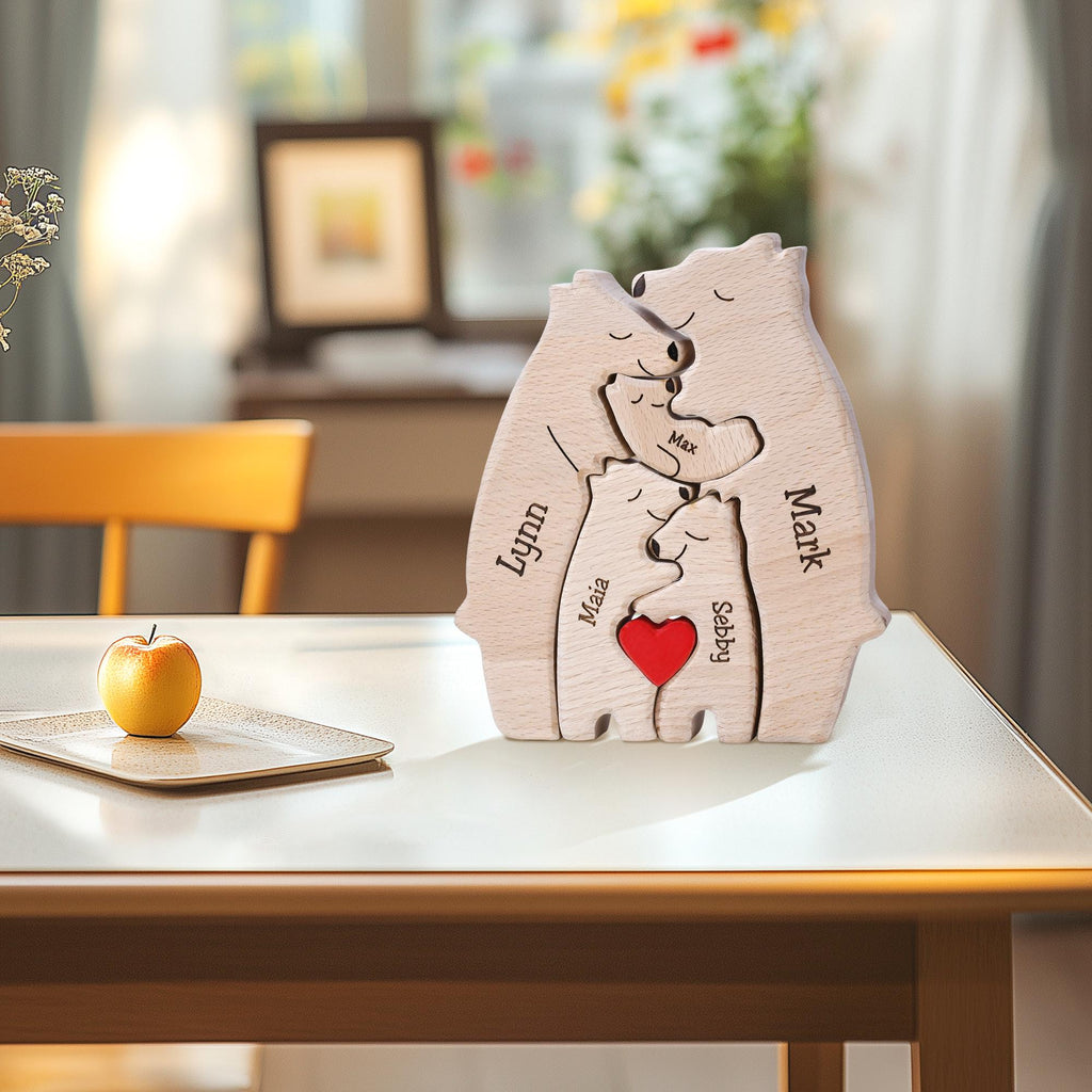 Wooden Bear Family Jigsaw Puzzle, Custom Bear Figurines, Engraved Family Name Keepsake, Parents Anniversary Gift, Christmas Bear Ornament