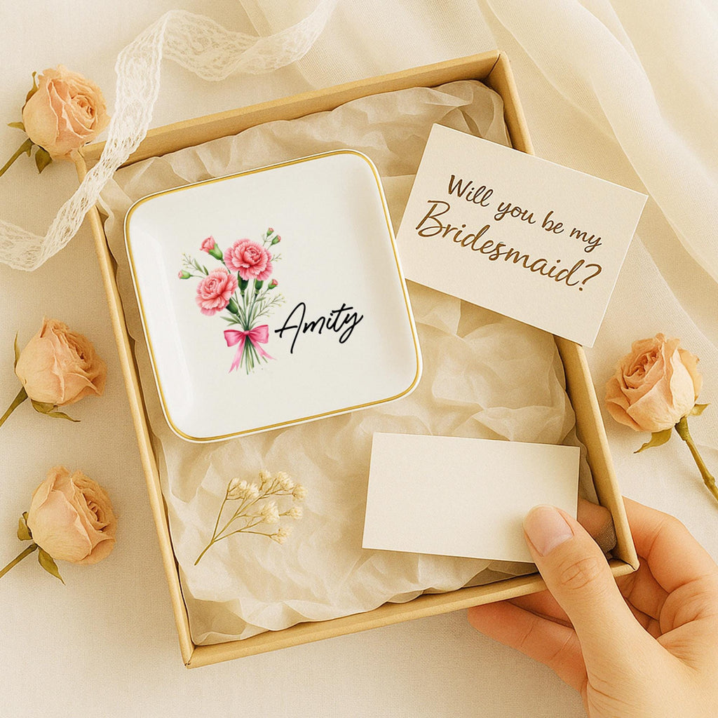 Personalized Birth Flower Ceramic Jewelry Dish_ Custom Trinket Tray, Custom Watercolor Flower Ring Dish, Wedding Bridesmaid Gift, Birthday Jewelry Dish, Christmas Gifts