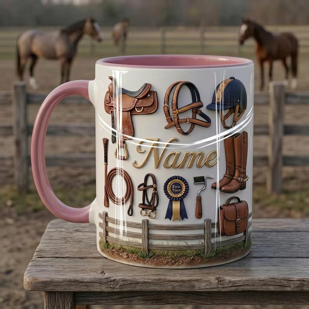 Personalized Horseback Riding Mug, Custom Rider Name Coffee Cup, Faux 3D Effect Equestrian Gift, 11oz or 15oz
