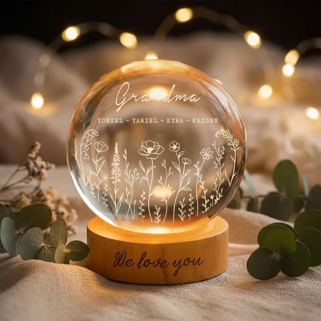 Personalized Mom Wildflower Crystal LED Ball, Floral Grandma With Kids Name Night Light, Gift for Mom, Grandma,mother's Day Gift,family Gift