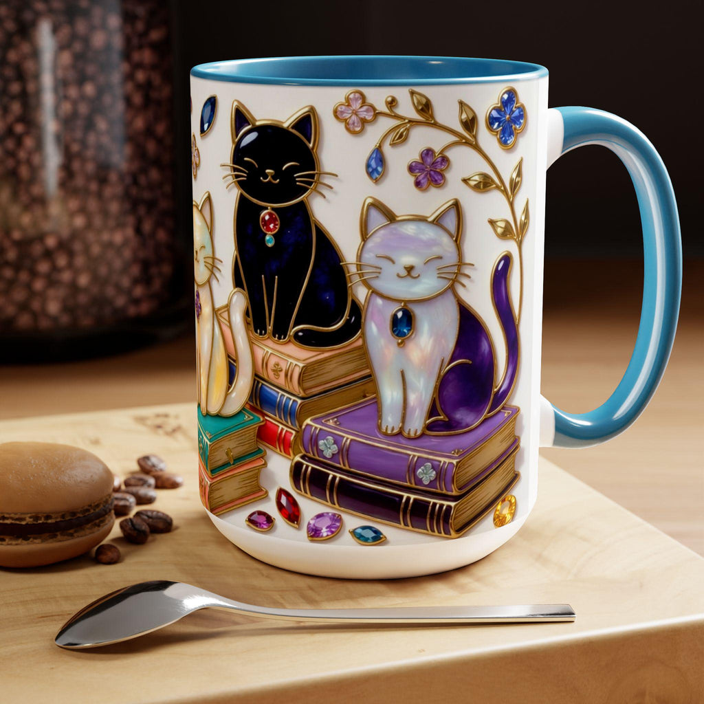 Stained Glass Style Cats Mug, Bookish Cat Art Mug, Jewel Tone Fantasy Cats Cup, Book Lover Mug 15oz, Premium Ceramic Mug – Everyday Use & Gift Idea