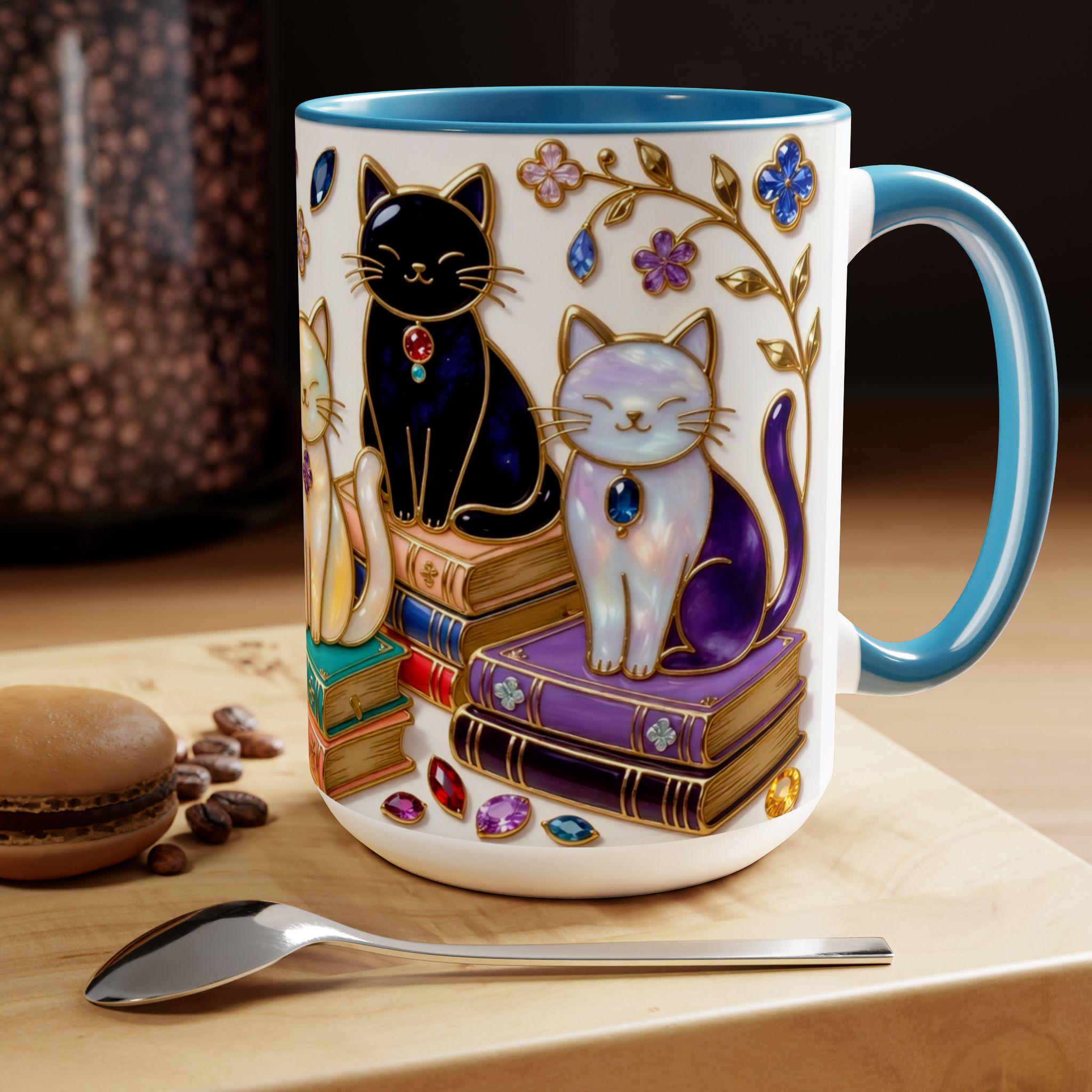 Stained Glass Style Cats Mug, Bookish Cat Art Mug, Jewel Tone Fantasy Cats Cup, Book Lover Mug 15oz, Premium Ceramic Mug – Everyday Use & Gift Idea