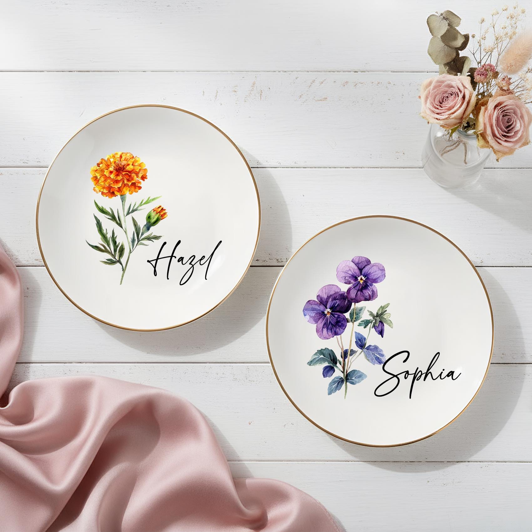 Personalized Birth Flower Trinket Dish, Custom Watercolor Flower Ring Dish, Wedding Bridesmaid Gift, Birthday Jewelry Dish, Christmas Gifts