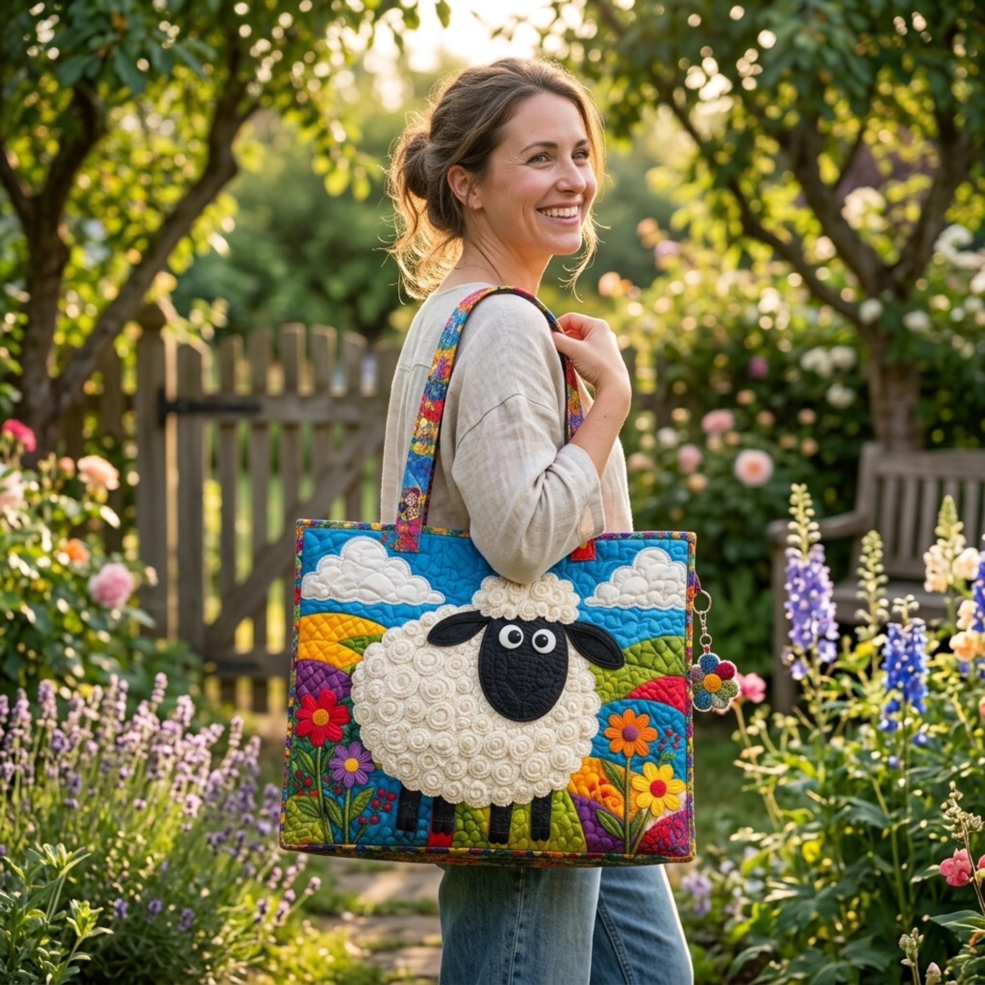 Quilted Sheep Tote Bag, Farm Animal Patchwork Cottagecore Shoulder Bag. TBPETAL34