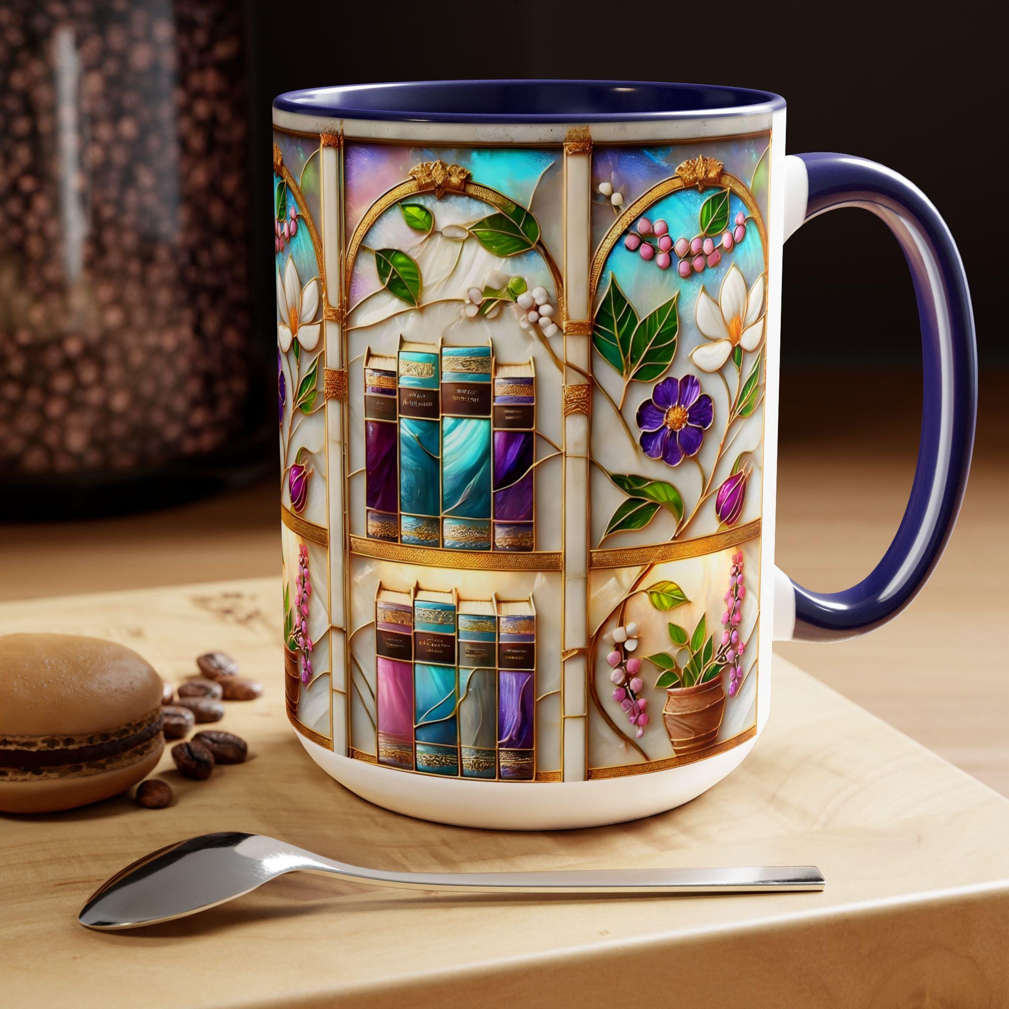 Floral Bookshelf Coffee Mug, Bookish Stained-glass Style Ceramic Mug, Book Lover Gift Mug 15oz