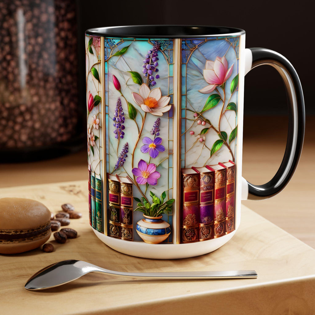 Floral Bookshelf Coffee Mug, Bookish Faux Stained-glass Mug, Book Lover Gift, Reading Mug for Women, Library Floral Cup 15oz