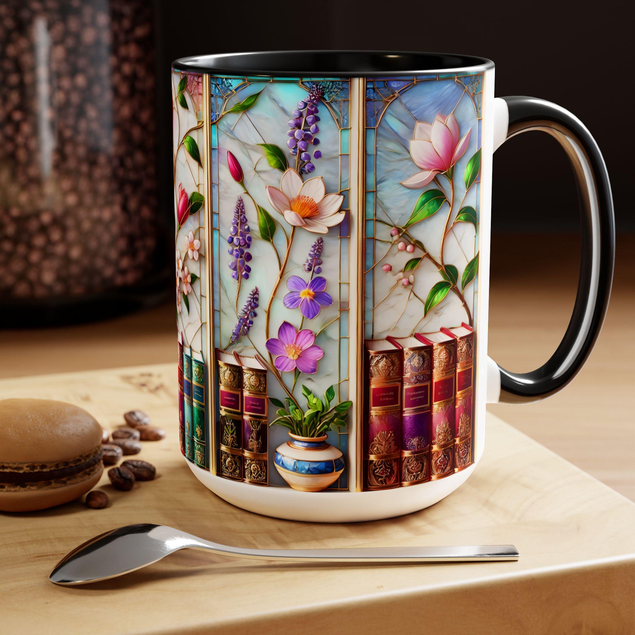Floral Bookshelf Coffee Mug, Bookish Faux Stained-glass Mug, Book Lover Gift, Reading Mug for Women, Library Floral Cup 15oz