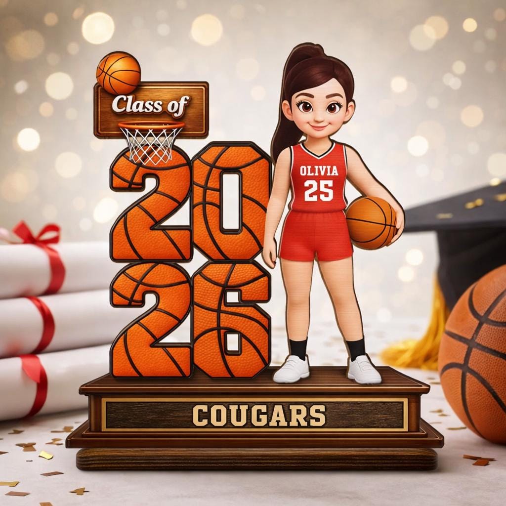 Custom Basketball Senior Class of 2026 Sign, Personalized 2-layered Wooden Plaque, Graduation Gift for Son, Daughter, Basketball Player Gift