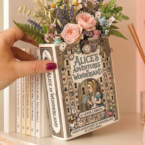 Alice's Adventures in Wonderland Ceramic Book Vase, Floral Bookshelf Vase,reading Room Flower Vase, Book Lover Gift,birthday Gift,mother Day