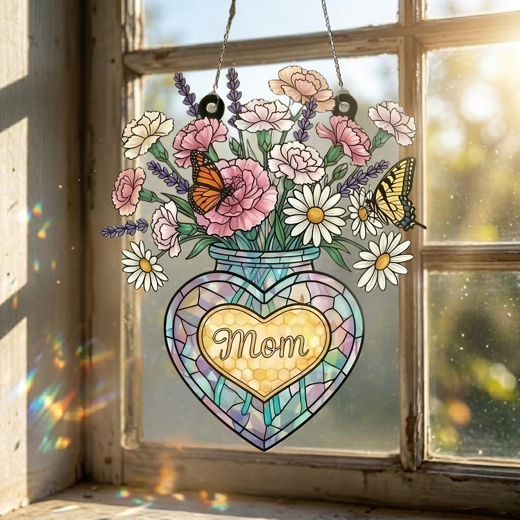 Mom Suncatcher With Vase of Flowers, Stained Glass Style Window Hanging With Butterflies, Heart Jar Mother's Day Gift