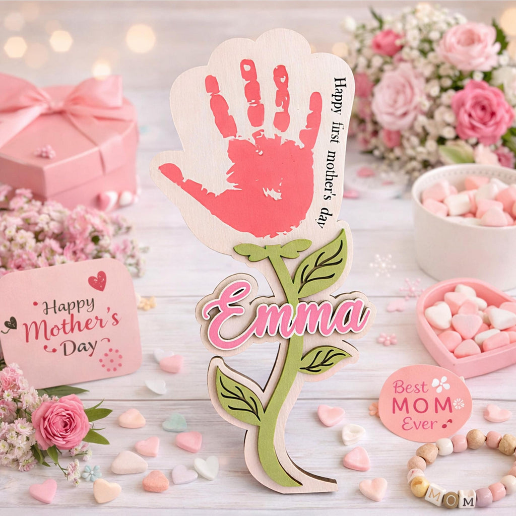Personalized Handprint Flower Mothers Day Keepsake , Happy First Mothers Day Gift Kids Husband Engraved Wood Sign, Handprint Sign Mother