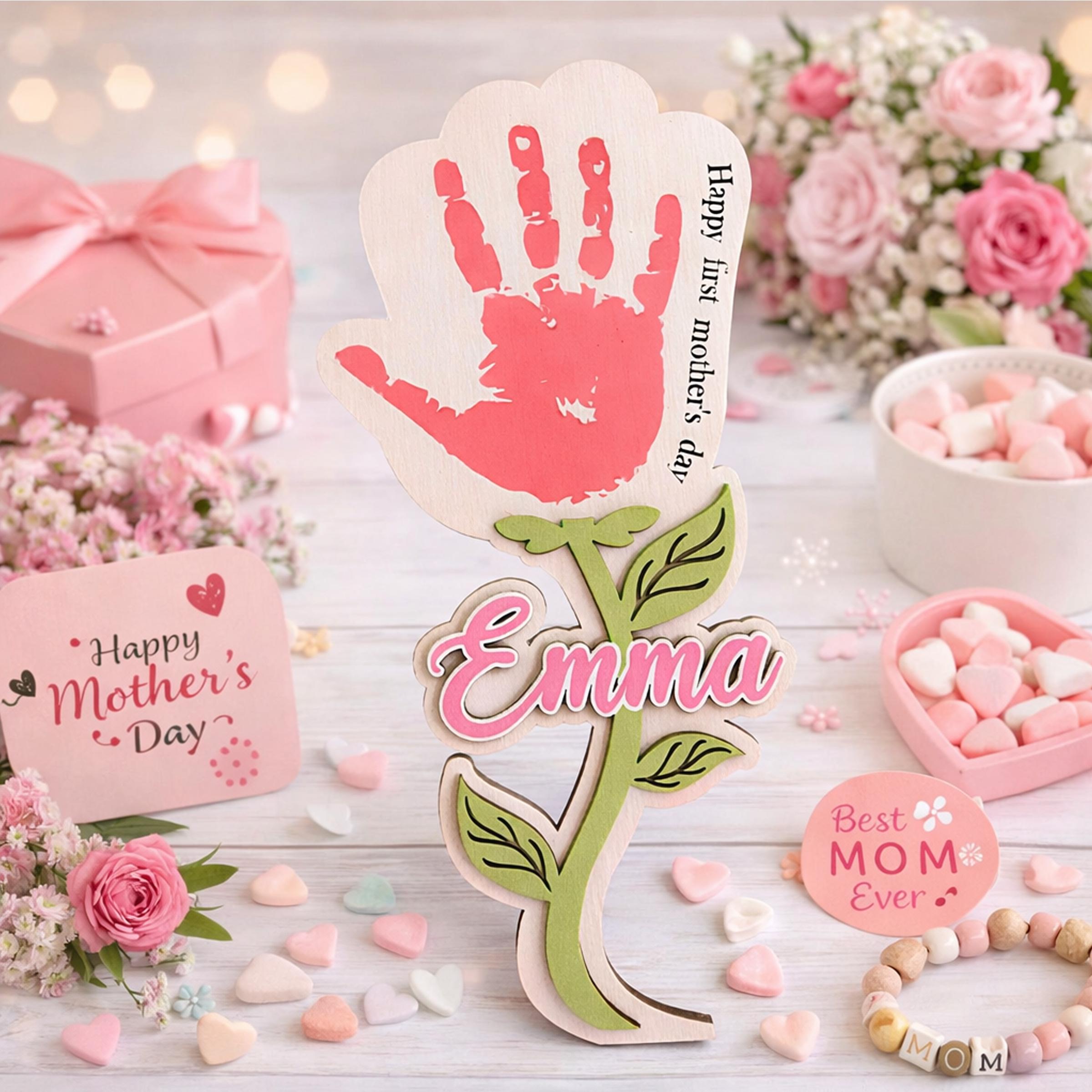 Personalized Handprint Flower Mothers Day Keepsake , Happy First Mothers Day Gift Kids Husband Engraved Wood Sign, Handprint Sign Mother