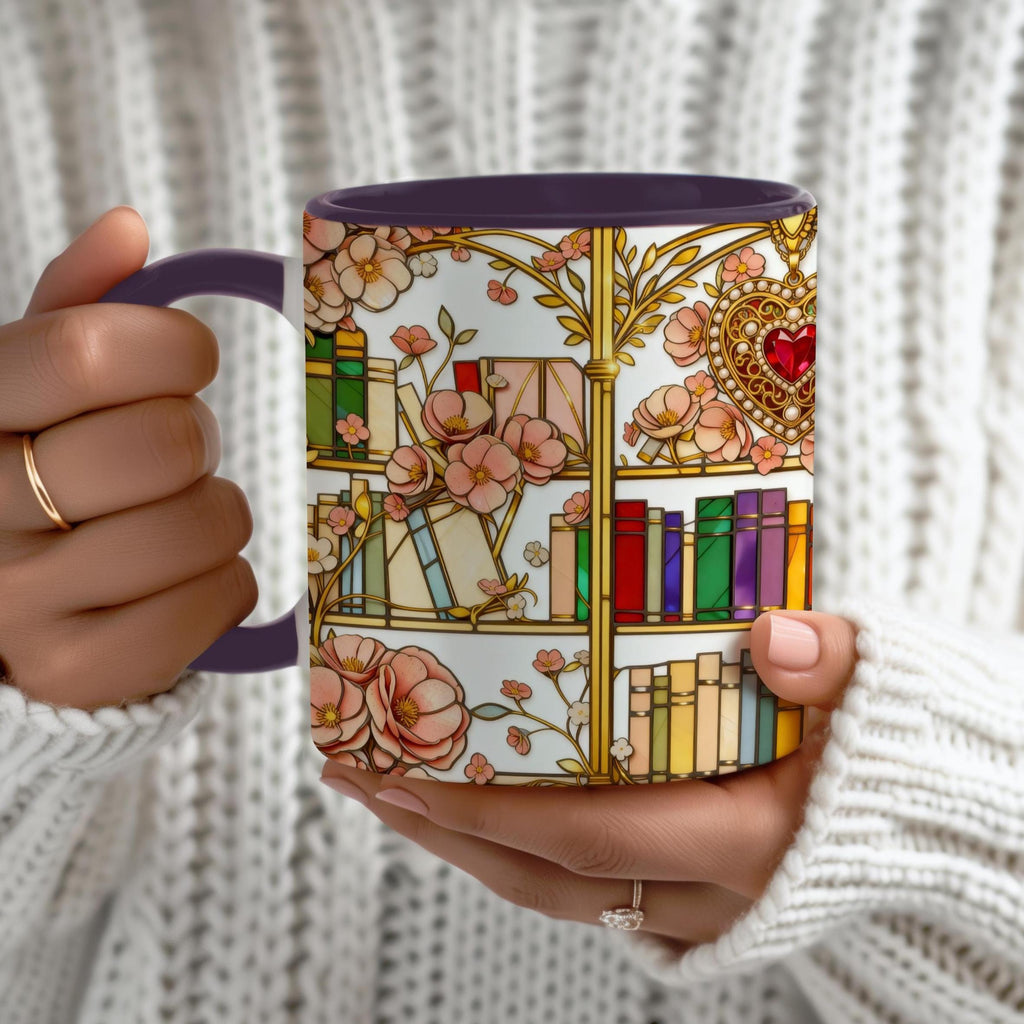 Stained Glass Bookshelf Mug, Romantic Floral Book Lover Coffee Cup, Luxury Reader Gift