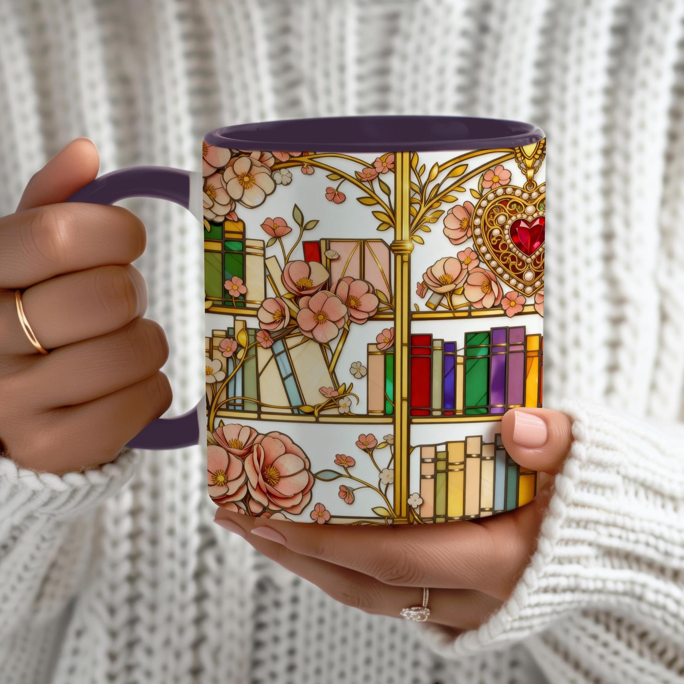 Stained Glass Bookshelf Mug, Romantic Floral Book Lover Coffee Cup, Luxury Reader Gift