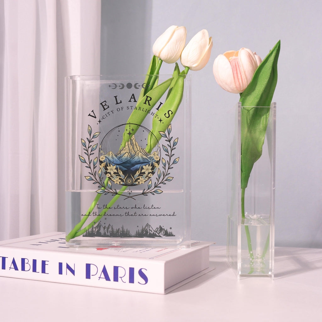Velaris Acrylic Book Vase, City of Starlight Bookish Vase, Fantasy Mountain Book Shaped Vase, Ethereal Decor, Custom Gift for Book Lovers