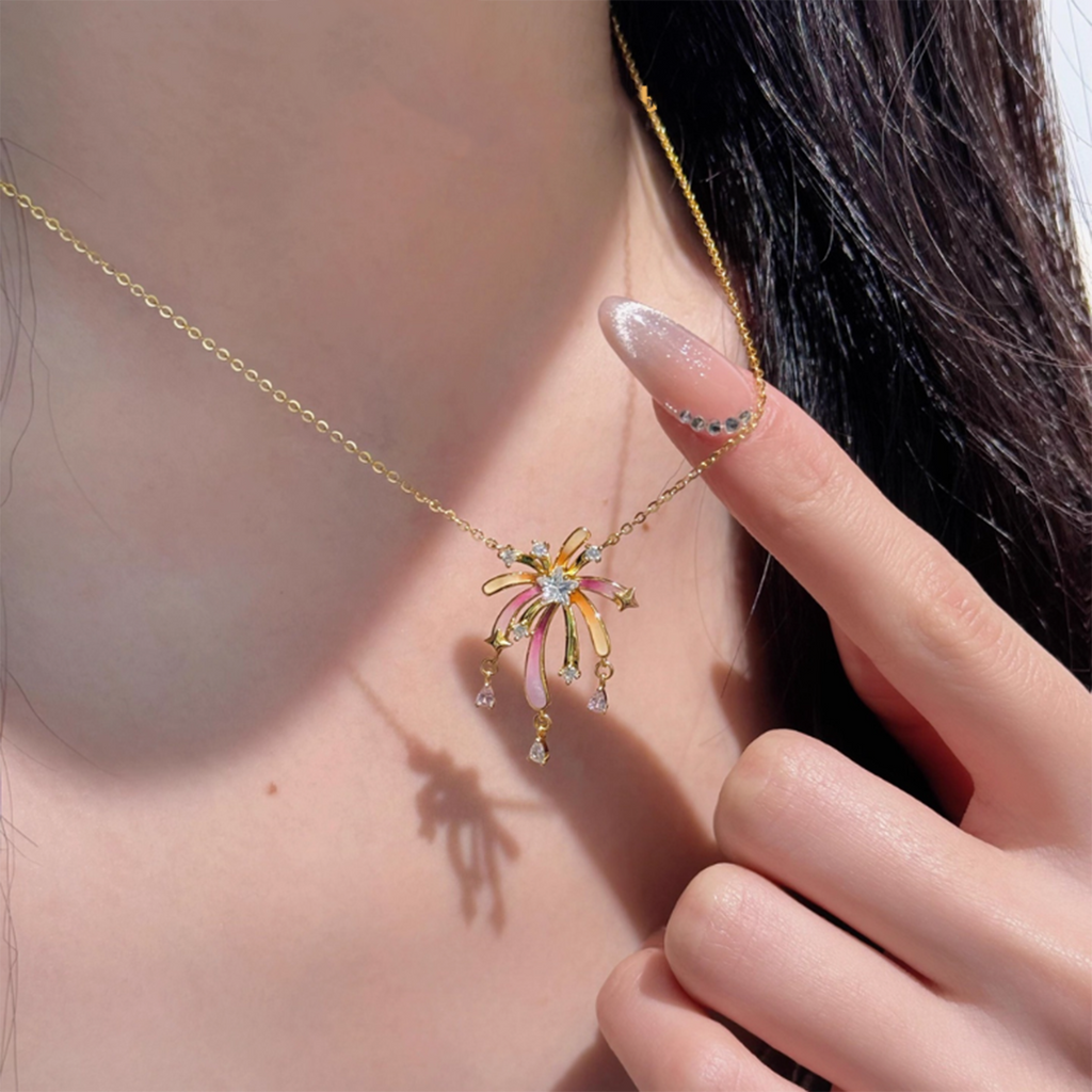 Glowing Firework Necklace in S925 Sterling Silver Gold Plated, Dainty Fairycore Necklace for Women, Elegant Handmade Jewelry Gift for Her
