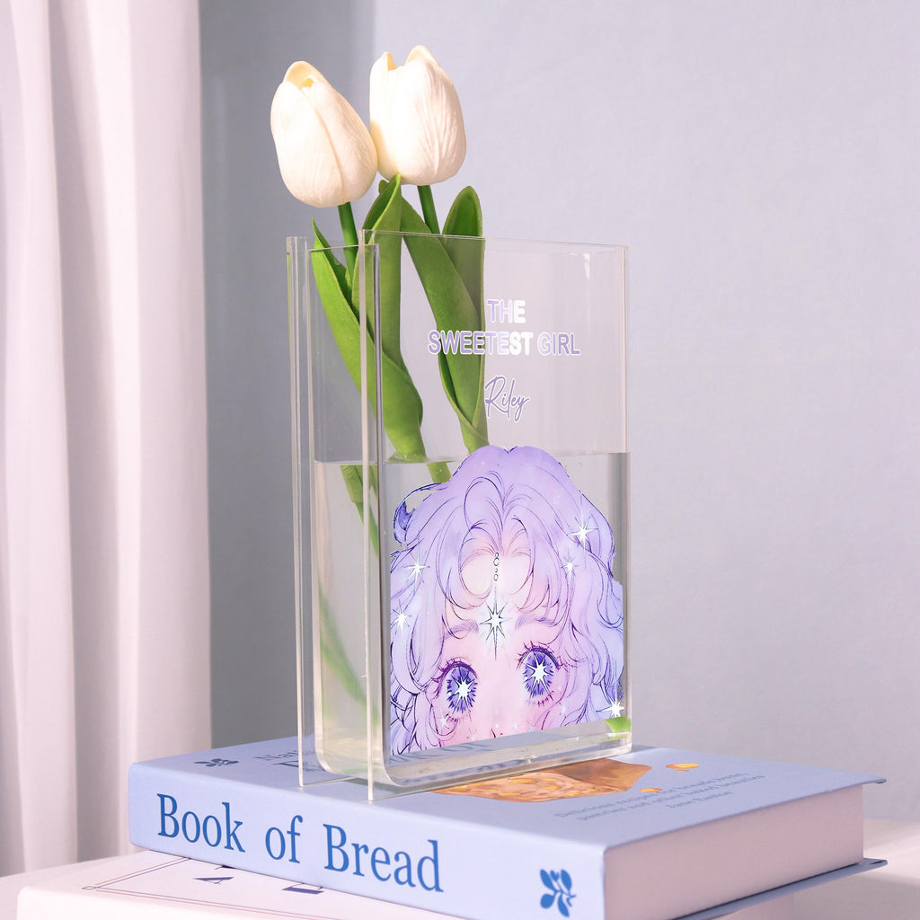 Anime Girl Acrylic Book Vase, the Sweetest Girl Bookish Vase, Cute Girl Face Book Shaped Vase, Aesthetic Decor, Custom Gift for Book Lovers