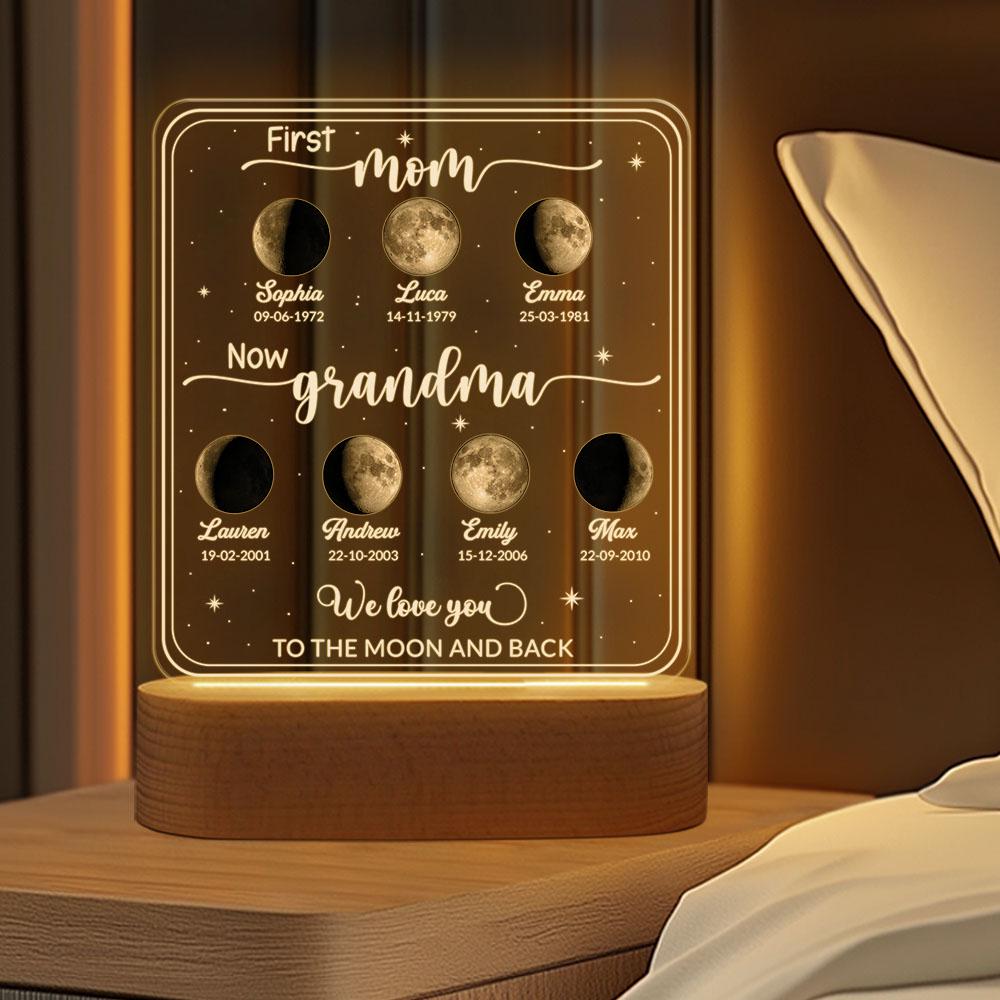Personalized Moons Phase With Kids Names Night Light, Custom First Mom Now Grandma, Mother’s Day Present for Mom, the Day You Were Born Gift