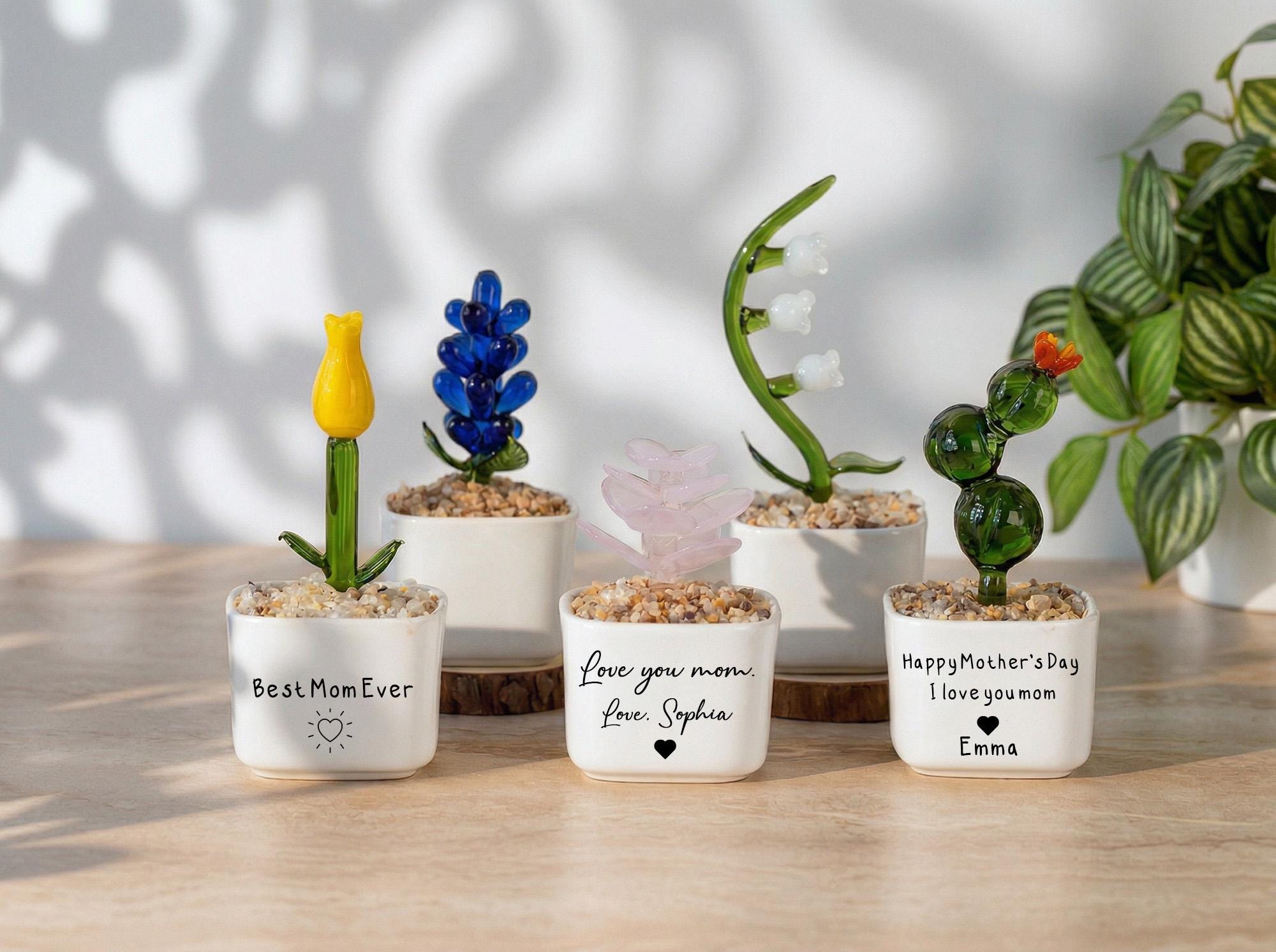 Glass Everlasting Flower Gift for Mom, Personalized Hand Blown Glass Pot, Mom Birthday or Mothers Day Keepsake