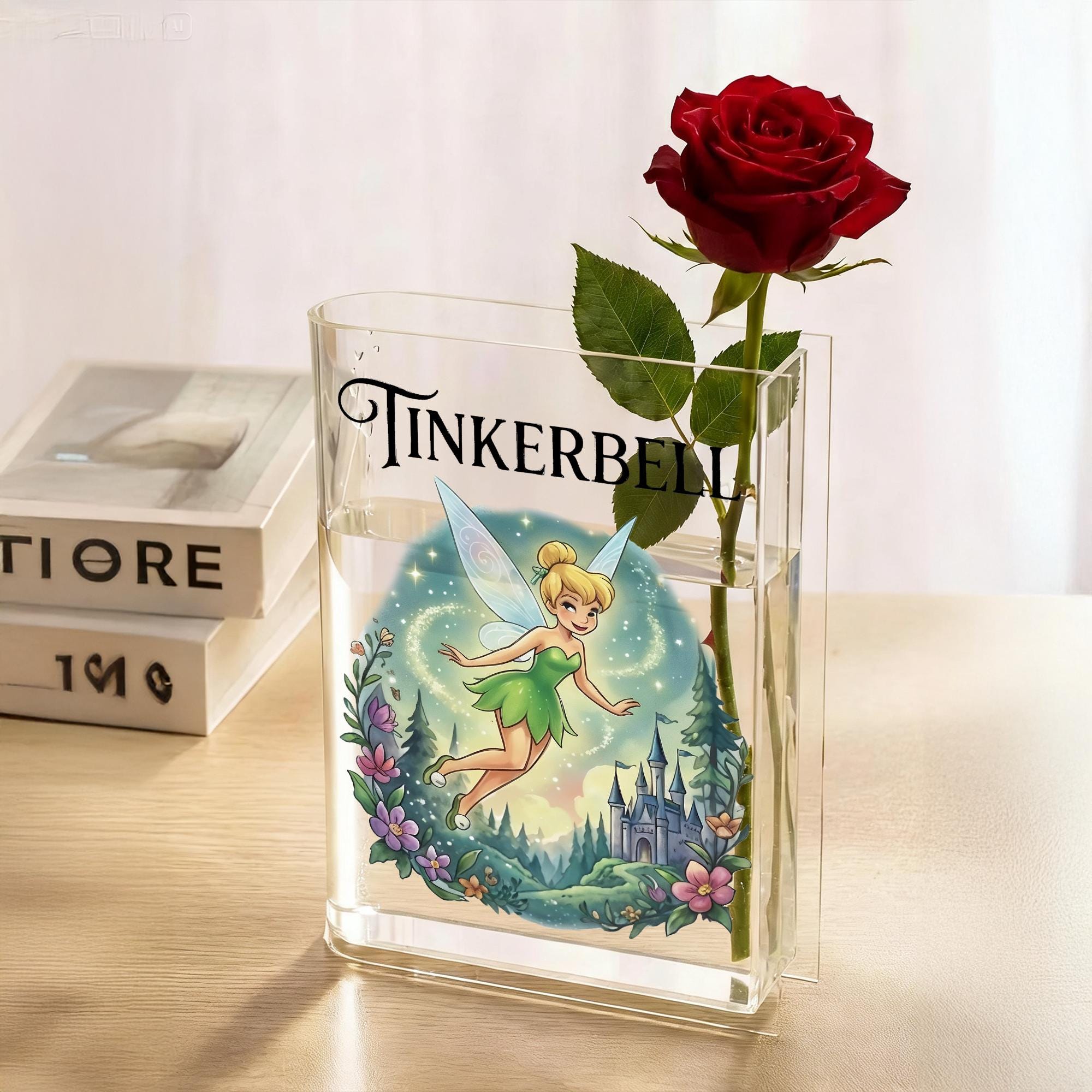 Tinkerbell Book Vase, Fairy Castle Acrylic Vase, Whimsical Bookish Decor, Clear Book Shaped Flower Vase, Fantasy Gift for Book Lover