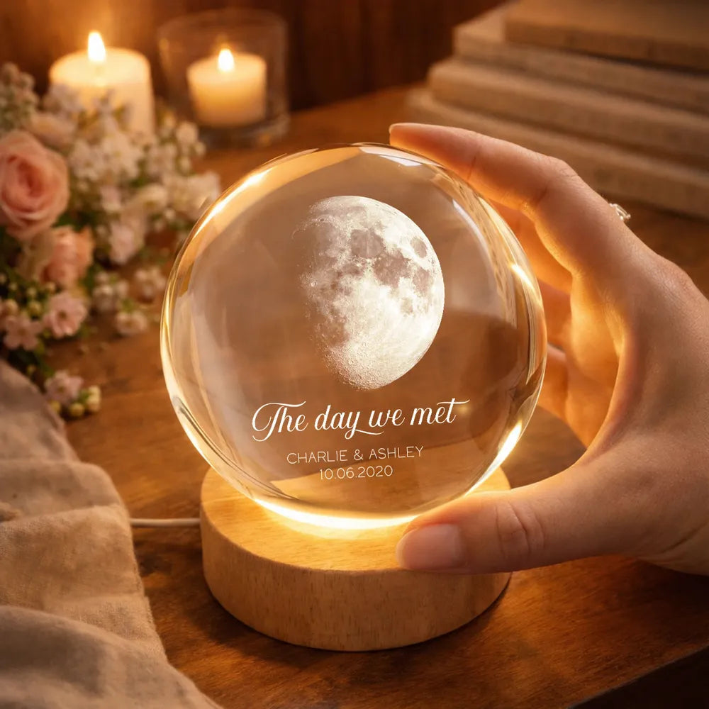Our Moon Couple Anniversary Date - Personalized Crystal Ball LED Night, Moon Phase Print, Valentines Day Wedding Anniversary Gift For Couple