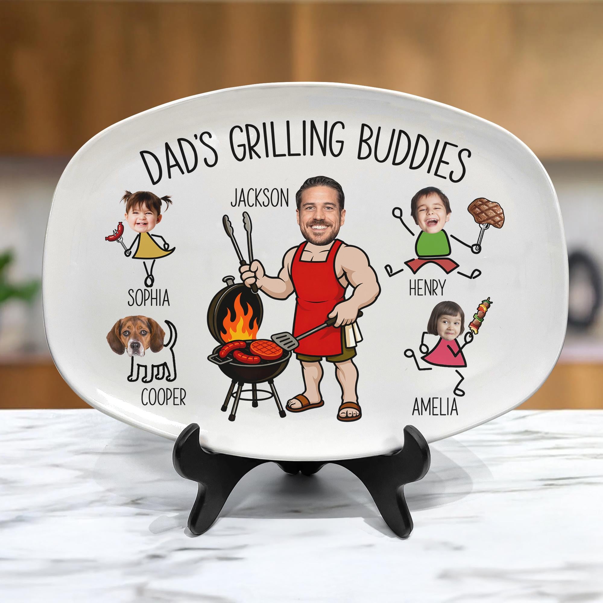 Custom Dad & Kid Funny Grilling Plate, Personalized Father's Day Gift for Husband, Grandpa BBQ Platter, Cooking Dish for Him Serving Tray
