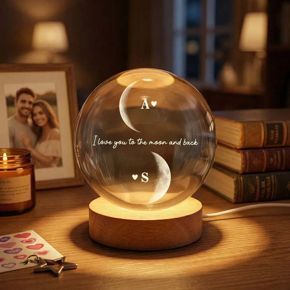 Custom Couple Moon Phase - Personalized Crystal Ball LED Night Light,  Moon Phase Print, Valentines Day Wedding Anniversary Gift For Couple