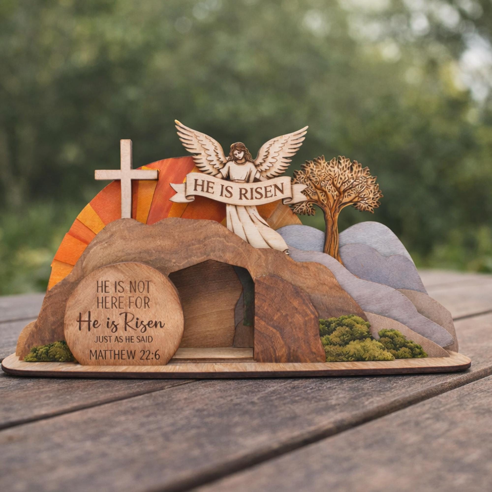 He is Risen Empty Tomb Wooden Sign, Resurrection Scene Easter Decor, Christian Home Display, Religious Bible Verse Gift