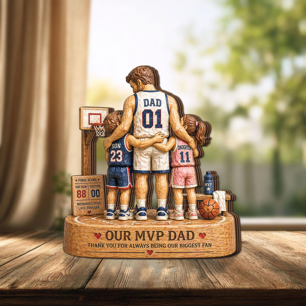 Personalized Basketball Dad Wooden Block, Our MVP Dad Keepsake Gift, Custom Father and Kids Sports Family Decor
