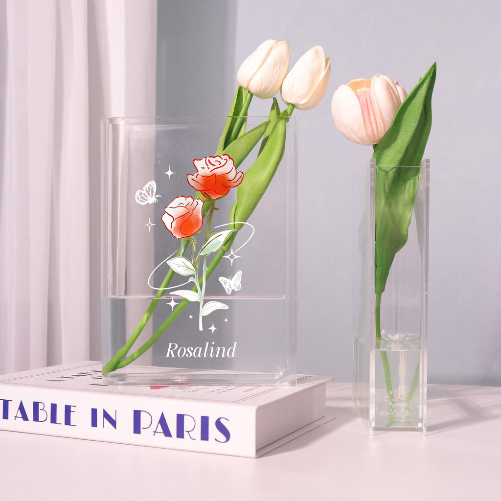 Red Rose Acrylic Book Vase, Line-art Butterfly Bookish Vase, Fairy Tale Flower Book Shaped Vase, Minimalist Rose, Custom Gift for Book Lover