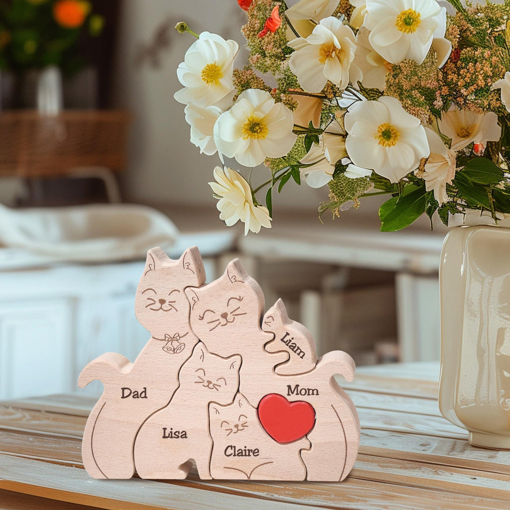 Personalized Wooden Cat Family Puzzle, Family of 4 Home Decor, Engraved Family Name Keepsake, Anniversary Gift for Her, Christmas Gifts