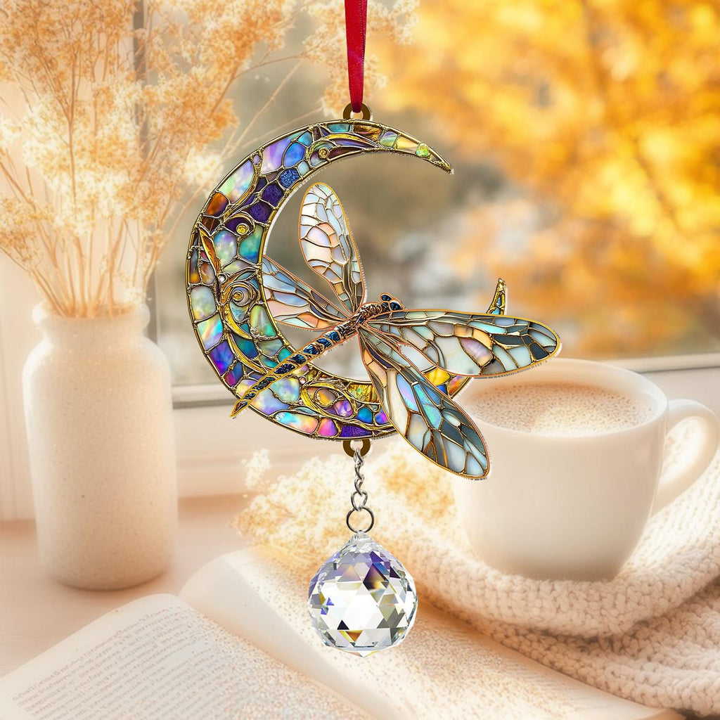 Dragonfly Suncatcher Crystal Prism, Acrylic Moon Dragonfly Hanging Sign, Window Art Decor, Nature Lover Gift, Home Accent