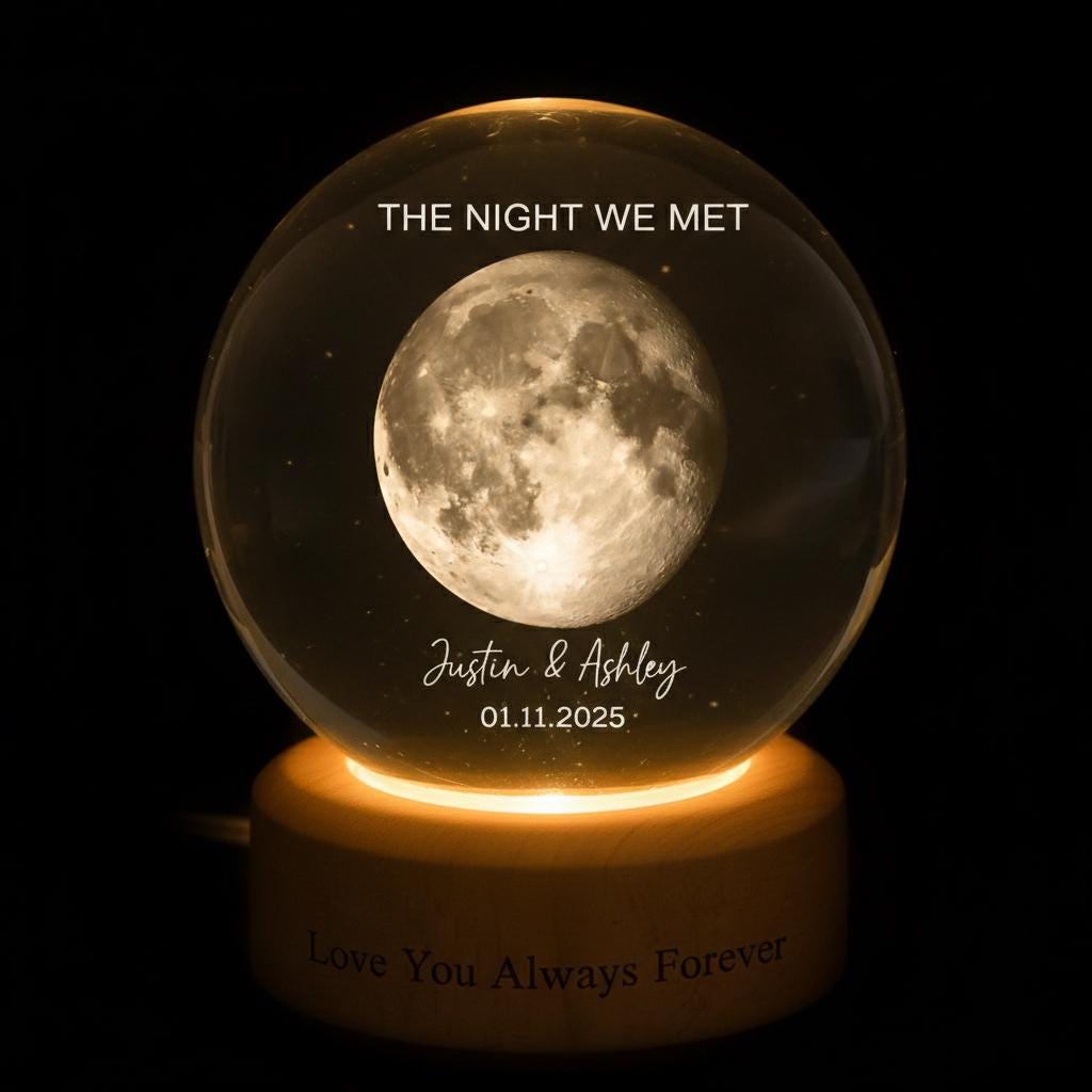 Our Moon Special Day Custom Moon Phase, Personalized Crystal Ball LED Night Light, Valentine's Day Gift for Couple, Husband, Boyfriend, Wife