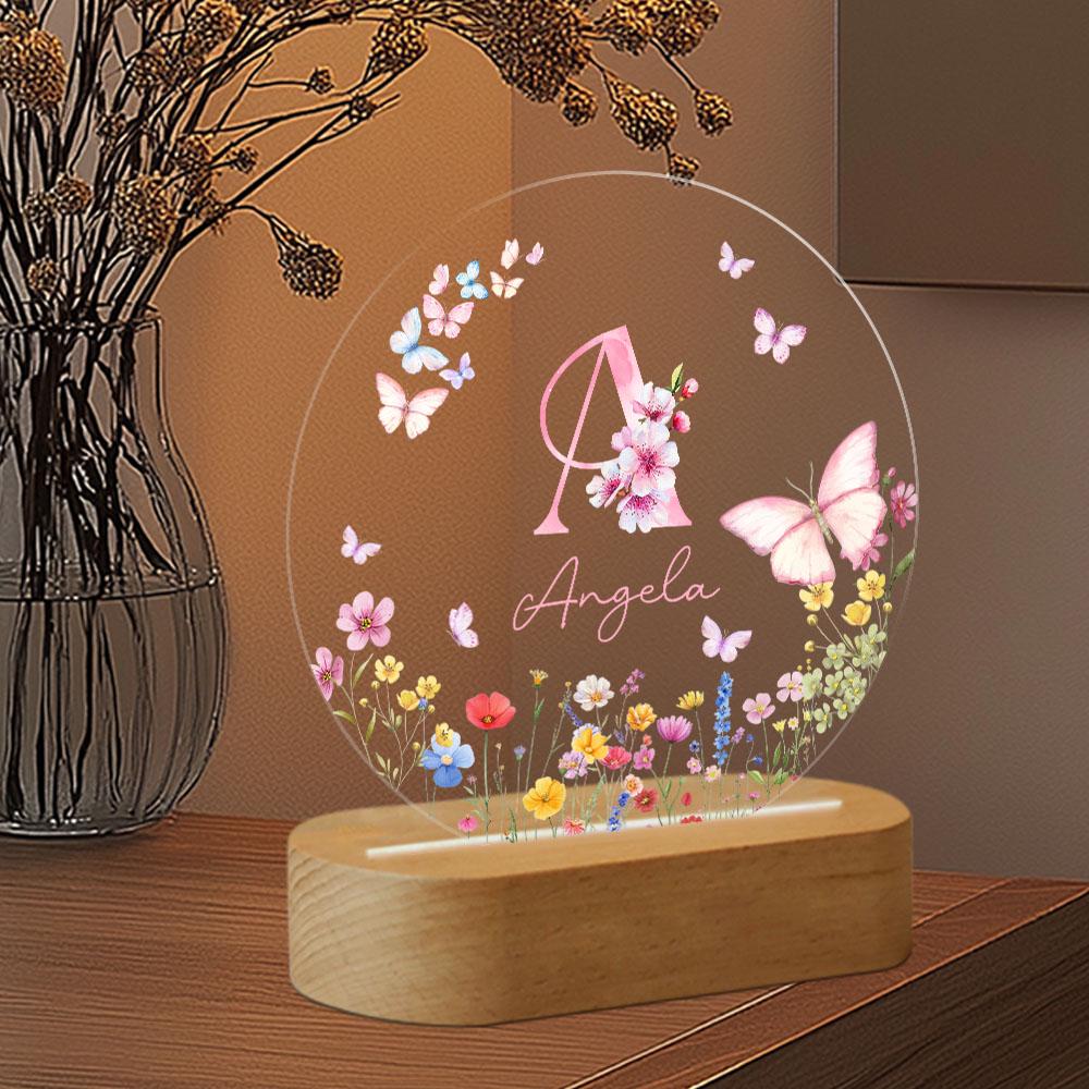 Personalized Name Night Light, Butterfly Flower LED Lamp, Custom Acrylic Light With Wooden Base, Gift for Her, Bedroom Decor