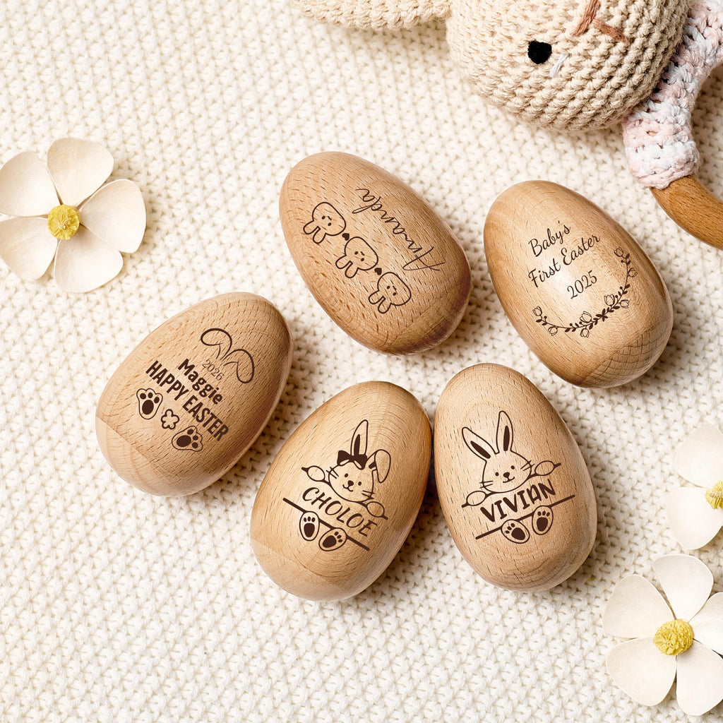 Personalized Wooden Easter Egg Shakers, Baby First Easter, Kids Easter Egg Hunt Gifts, Engraved Name, Montessori Toddler Toy, Baby Rattle