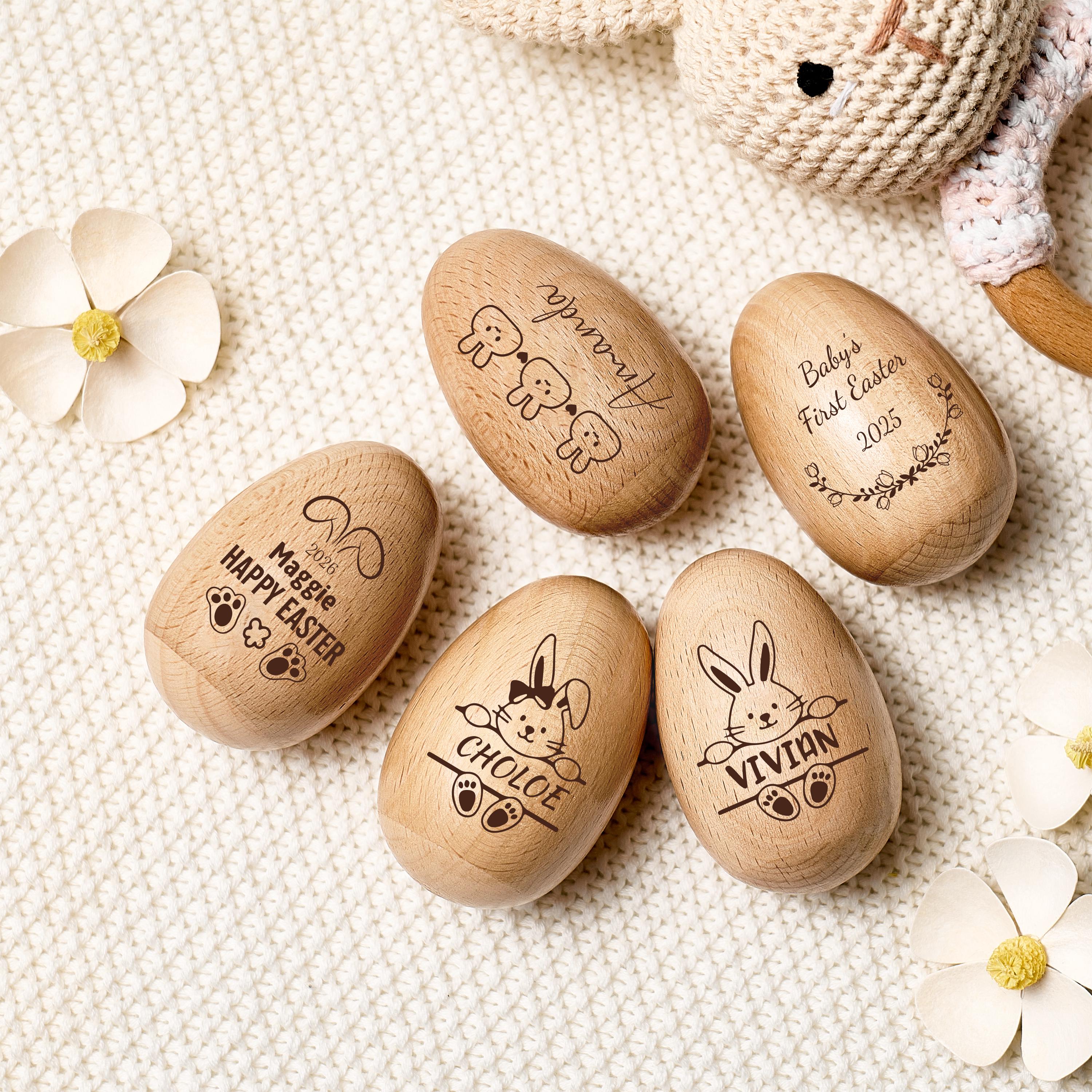 Personalized Wooden Easter Egg Shakers, Baby First Easter, Kids Easter Egg Hunt Gifts, Engraved Name, Montessori Toddler Toy, Baby Rattle