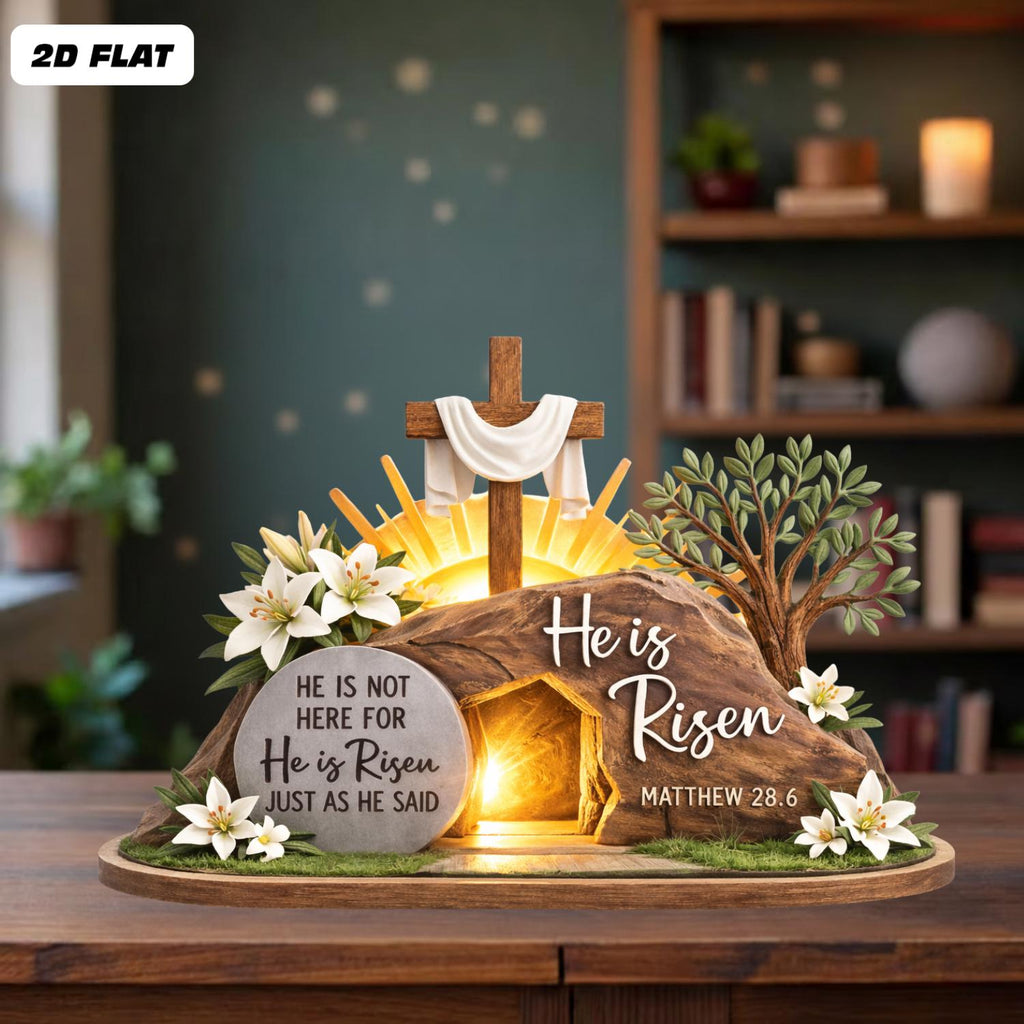 He is Risen Easter 2D FLAT Wooden Block, Christian Resurrection Table Sign, Religious Home Decor Gift, Easter Empty Tomb Cross Wood Shelf