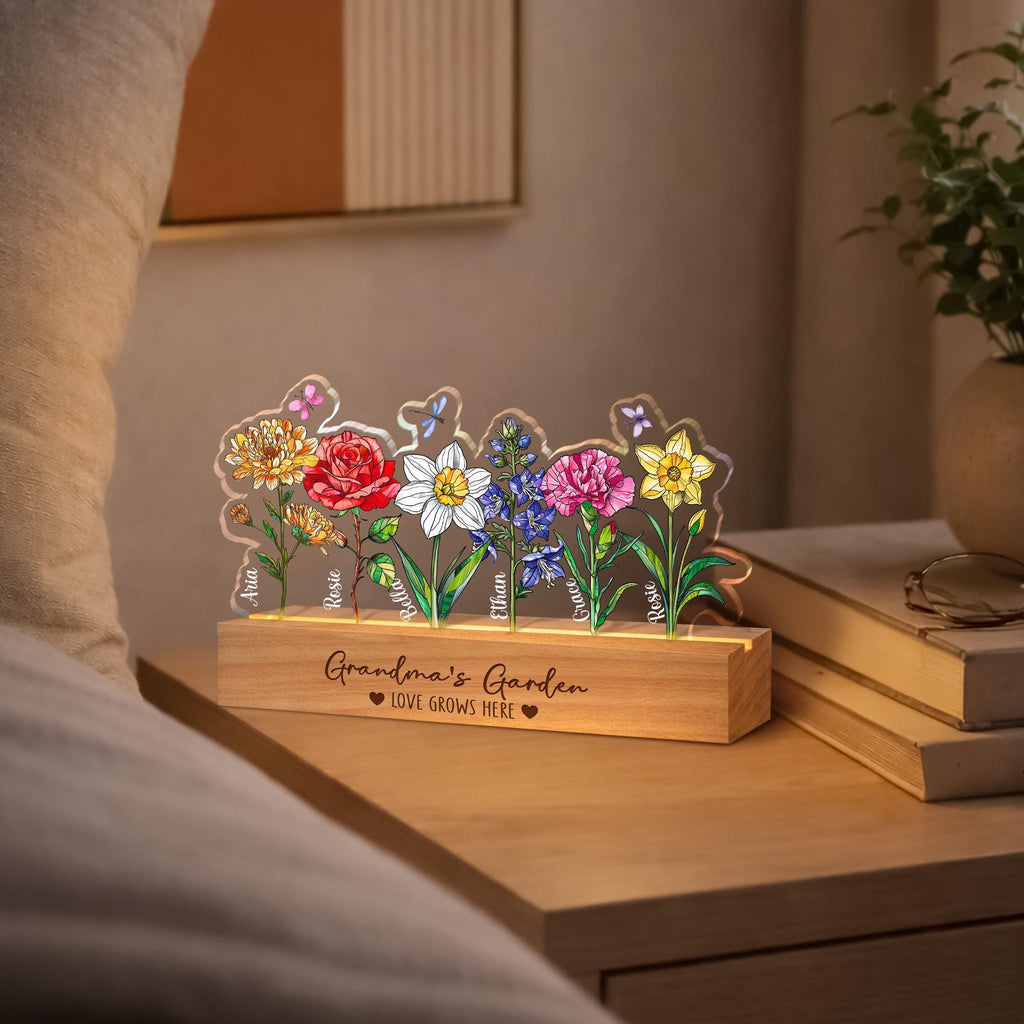 Custom Grandma's Garden Night Light_ Personalized Birth Month Flowers Gift for Grandma, Mothers Day Gift From Grandkids, Mom Birthday Gifts