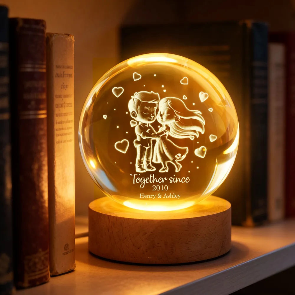 Loving Chibi Couple - Personalized Crystal Ball LED Night Light , Valentines Day Wedding Anniversary Gift For Couple