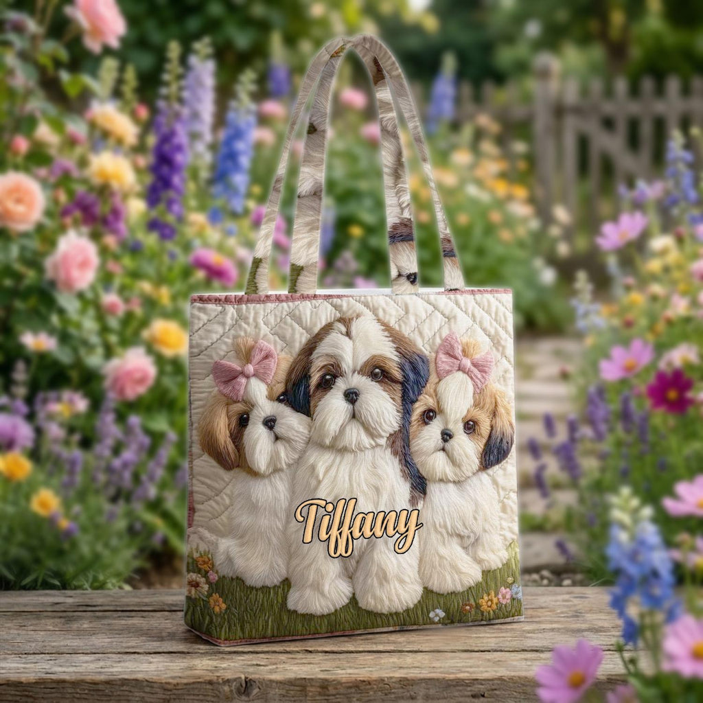 Personalized Shih Tzu Quilted Tote Bag, Custom Dog Lover Shoulder Bag, Cute Puppy Tote, Reusable Grocery Bag, Gift for Shih Tzu Mom