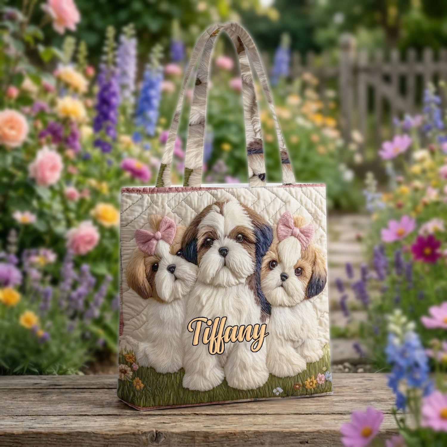 Personalized Shih Tzu Quilted Tote Bag, Custom Dog Lover Shoulder Bag, Cute Puppy Tote, Reusable Grocery Bag, Gift for Shih Tzu Mom