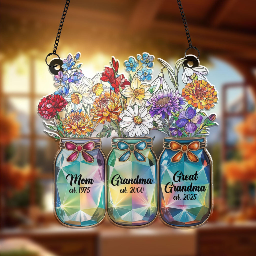 Personalized Grandma’s Garden Acrylic Suncatcher, Watering Can Floral Stained Glass Style, Custom Names Window Hanging Mother’s Day Gift