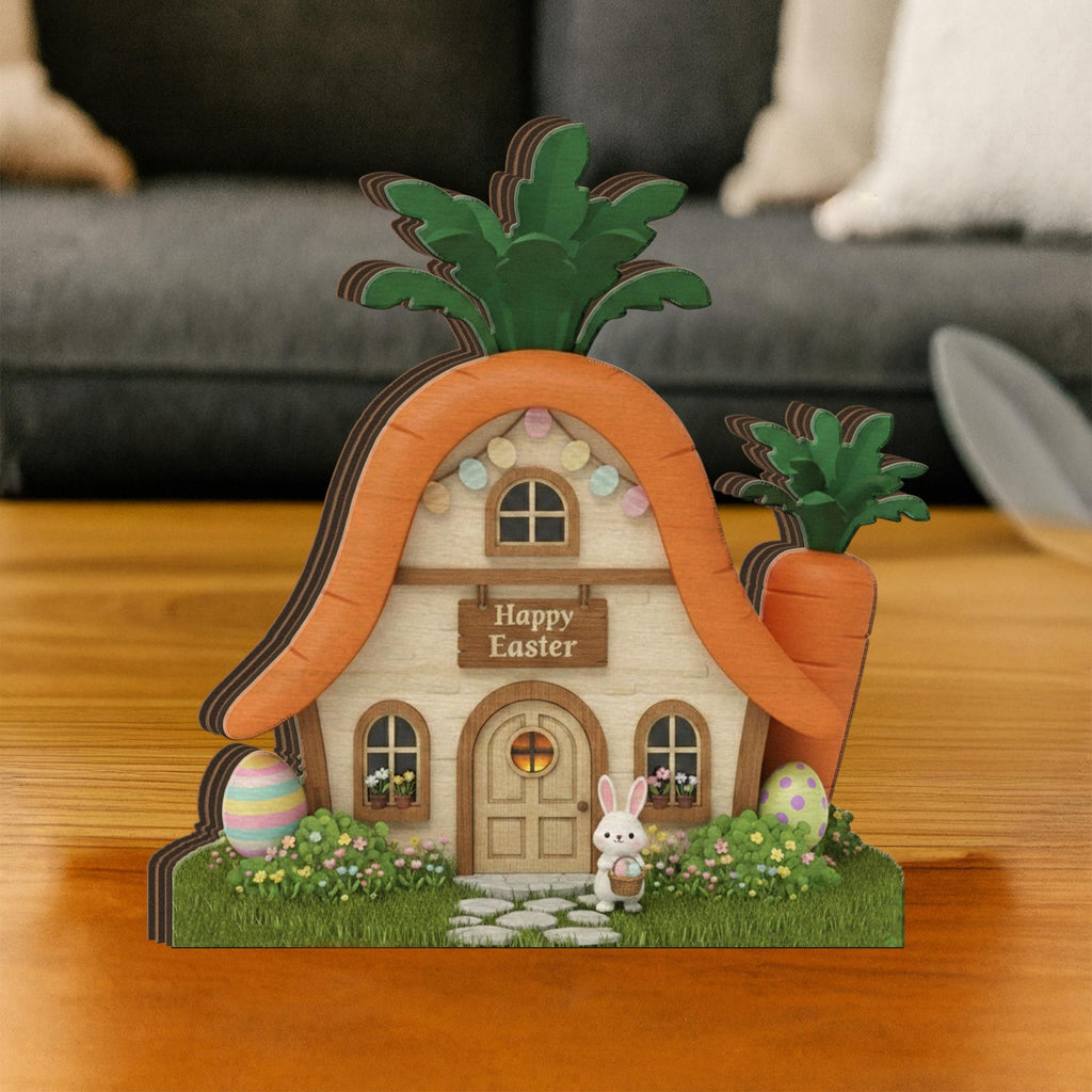 Wooden Block Easter Carrot House Decor, Layered Spring Bunny Cottage Sign