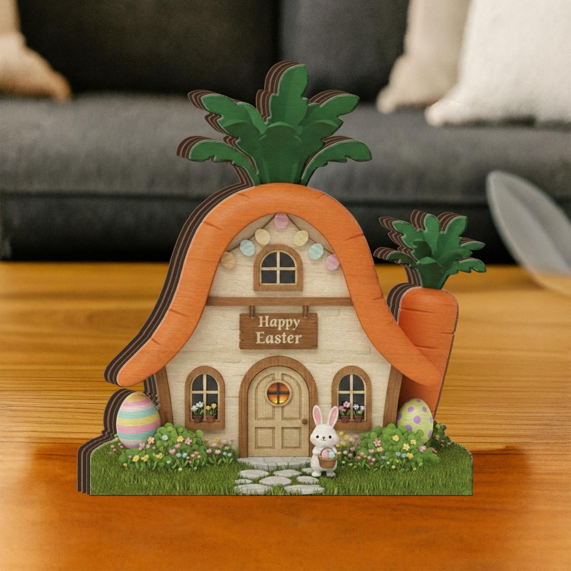 Wooden Block Easter Carrot House Decor, Layered Spring Bunny Cottage Sign