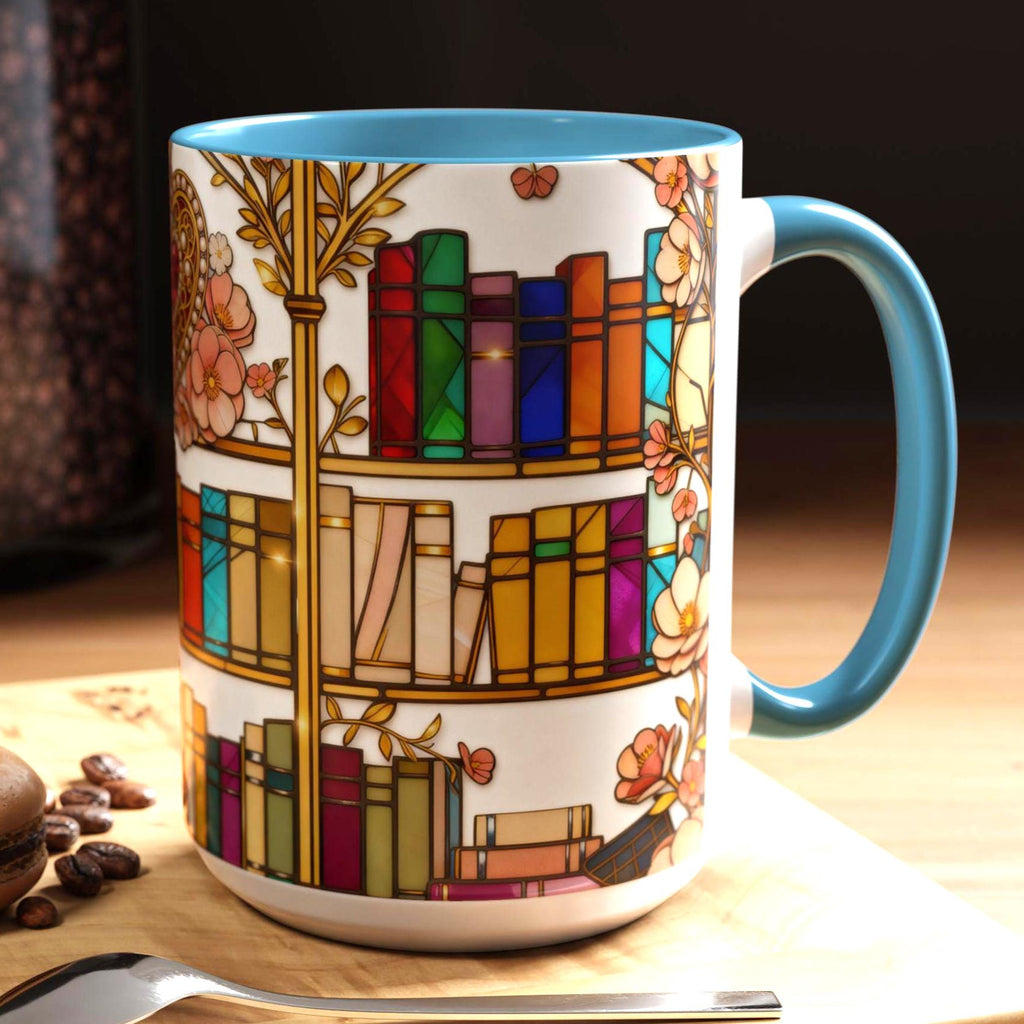 Stained Glass Bookshelf Mug, Romantic Floral Book Lover Coffee Cup, Luxury Reader Gift