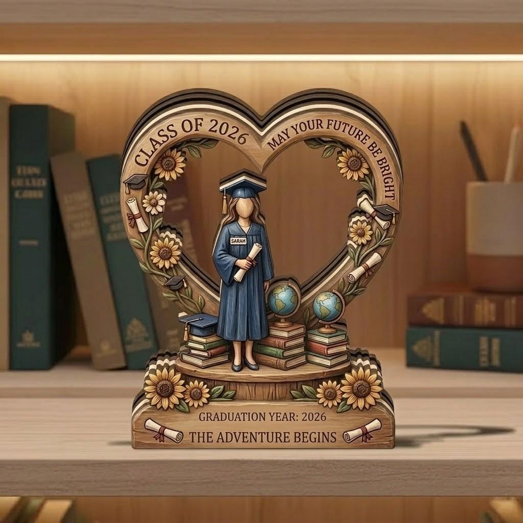 Personalized Graduation Wooden Block, Class of 2026 Keepsake, Custom Name 3D Printed Wood Sign, Sunflower Senior Gift, High School Grad Gift