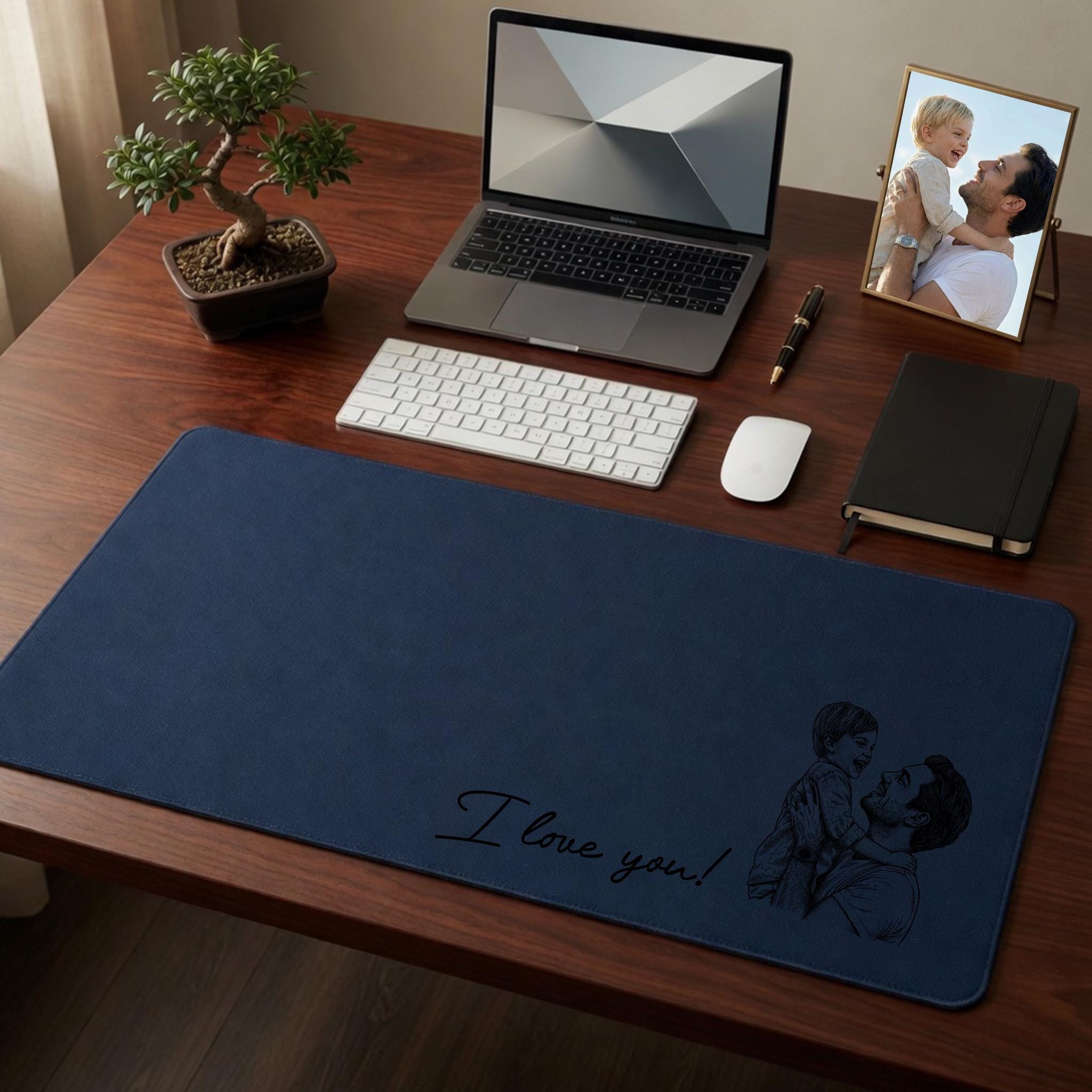 Personalized Dad We Love You Custom Photo Sketch Line Art Desk Mat, Father's Day Gift for Husband, Daddy & Kid Picture Desk Pad Mouse Mat
