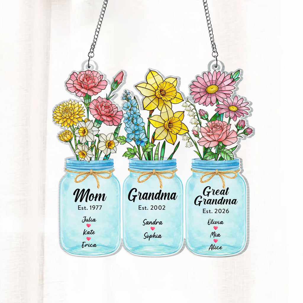 Birth Flower Suncatcher Window Decor, Custom Great Grandma's Garden Suncatcher, Mother's Day Gift, Grammy Present, Grandma Gift, Mom Gift