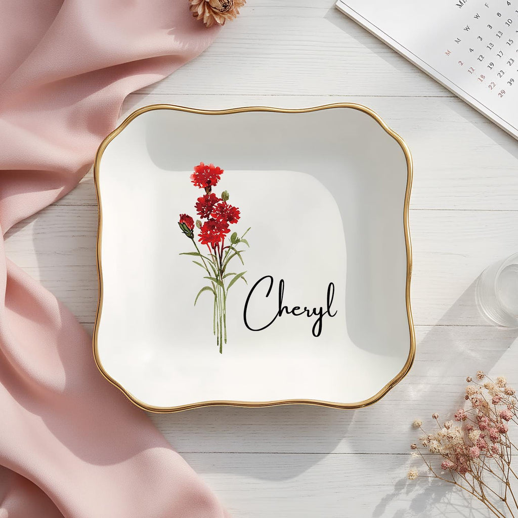 Personalized Birth Flower Trinket Dish, Custom Watercolor Flower Ring Dish, Wedding Bridesmaid Gift, Birthday Jewelry Dish, Christmas Gifts